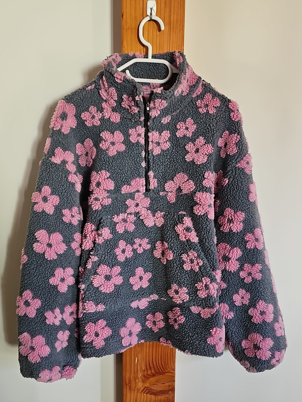 Floral Sherpa Pullover - Pink on Gray